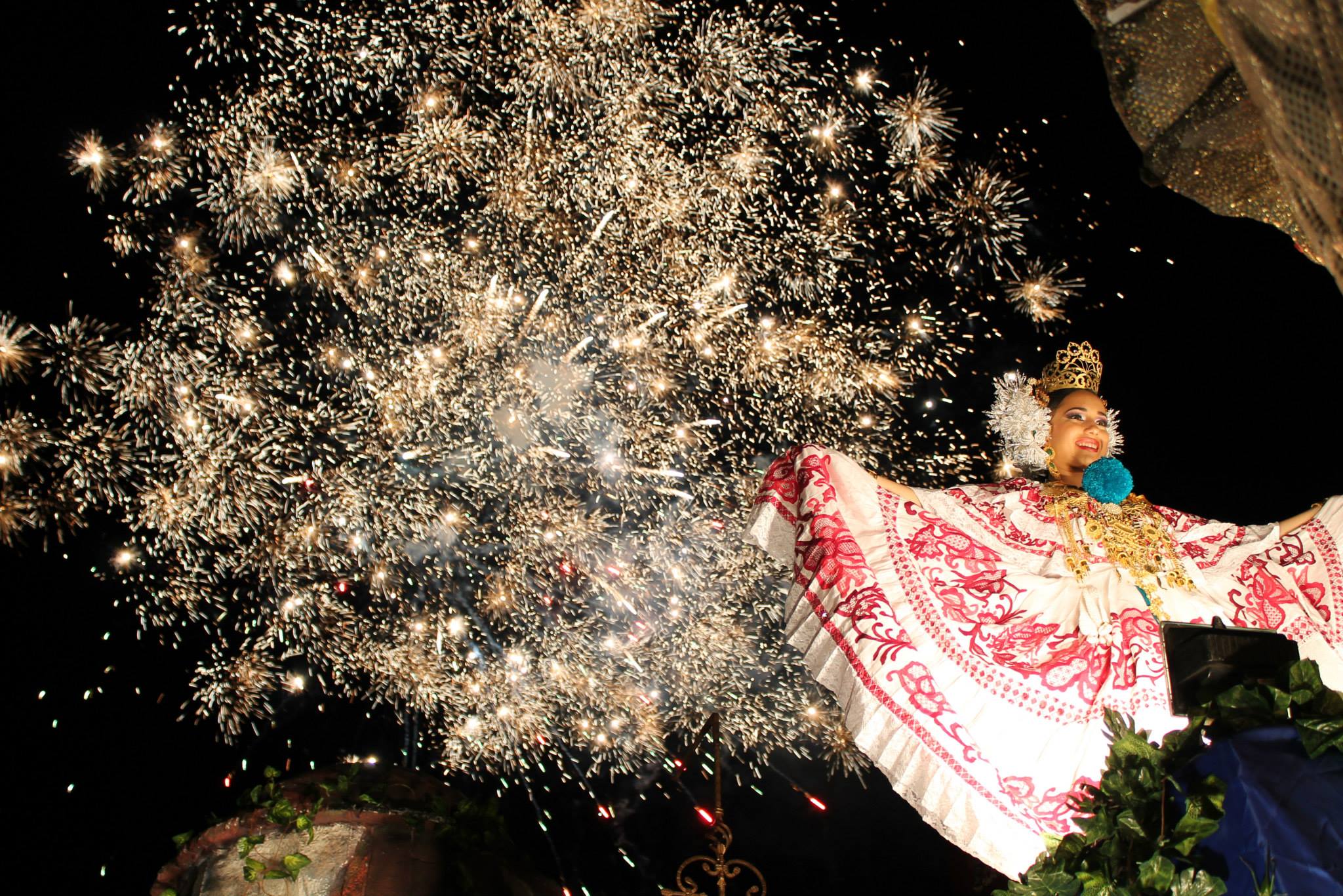 Traditional panamanian pollera and fireworks